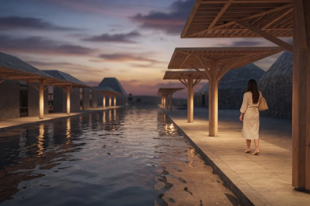 Woman in a beige trench coat stands at a pools edge under wooden pergola structures during sunset, facing away from the camera.