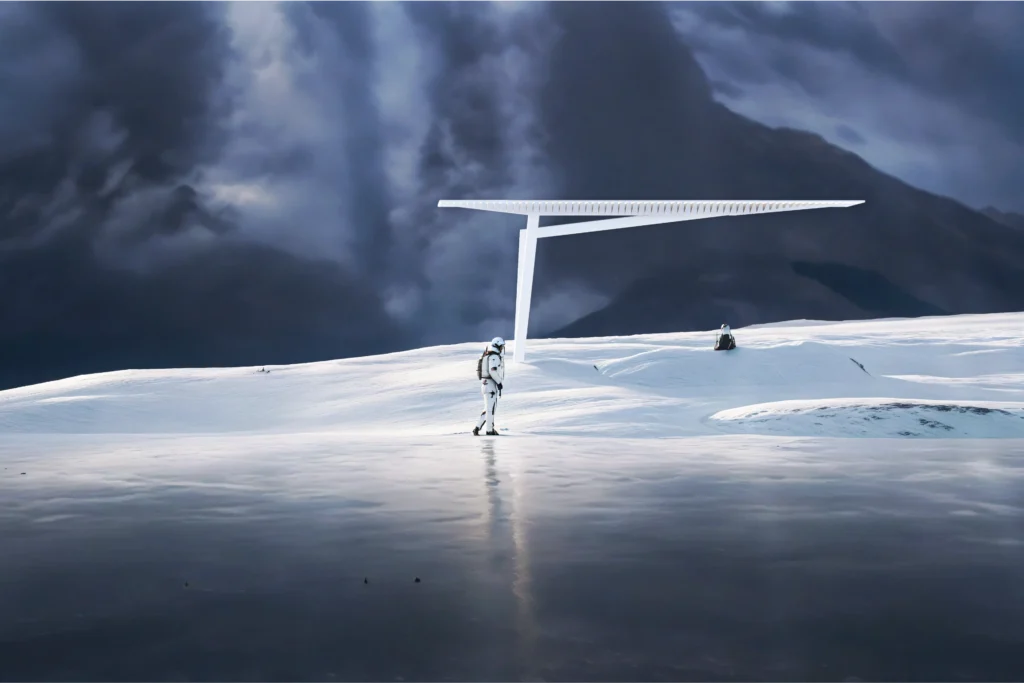Two astronauts in white suits stand on a snowy plain beside a large angled white solar-panel-like structure against a dark, stormy sky and mountains in the distance.