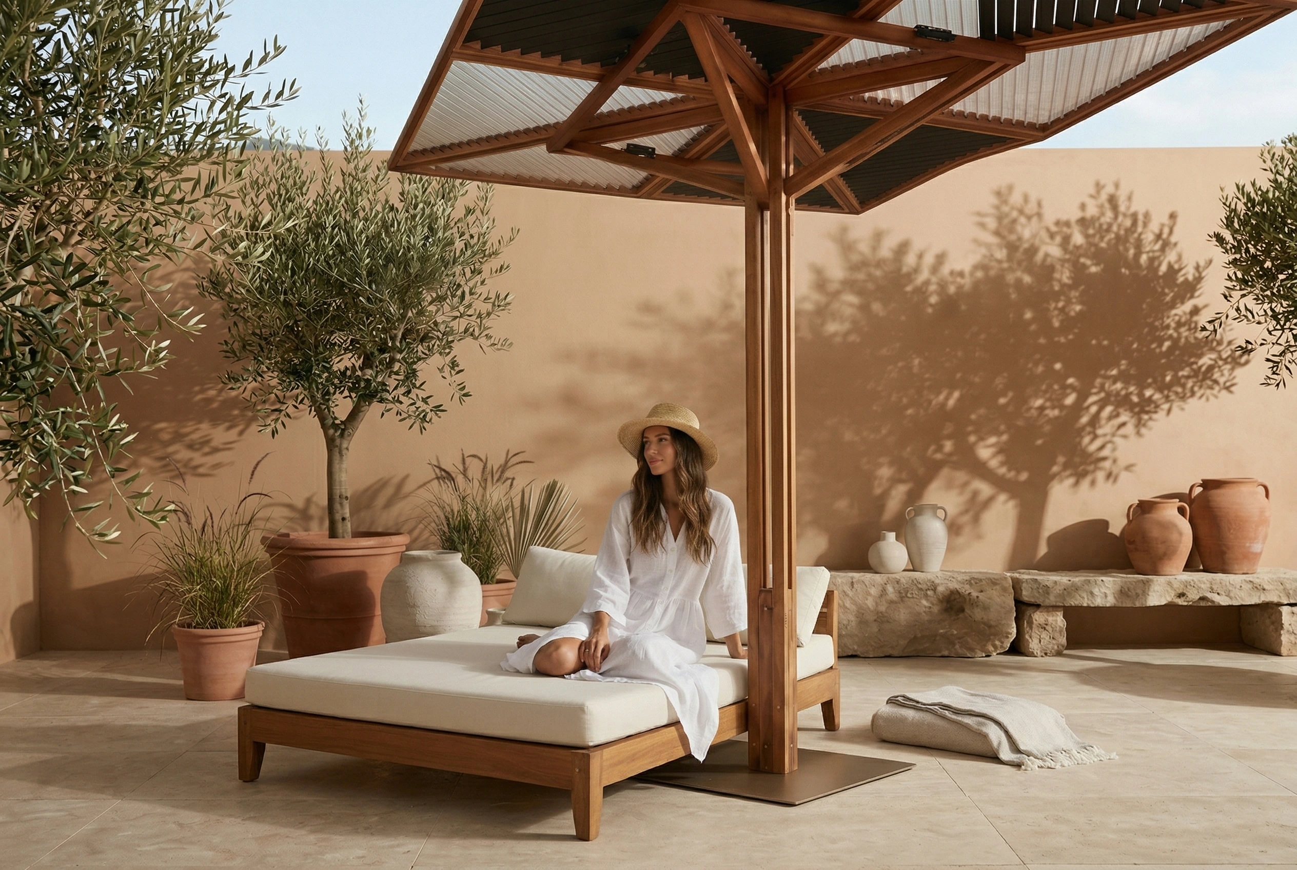 Woman in a white dress sits on a wooden daybed under a wooden canopy in a sunlit courtyard with olive trees and terracotta pots.