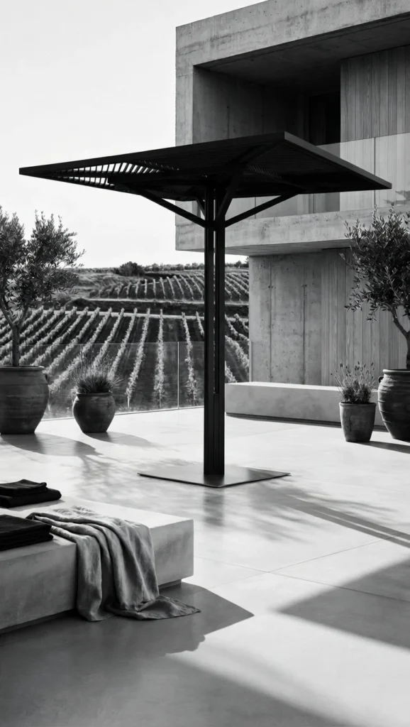Modern outdoor patio with a tall metal shade canopy, concrete walls, and potted plants overlooking a vineyard (black and white).