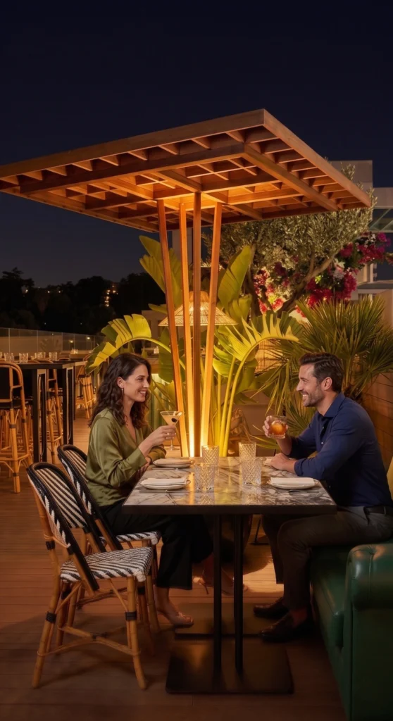 Nighttime outdoor restaurant scene with a couple seated at a marble table, enjoying cocktails under warm pendant lighting amid tropical plants and a wooden pergola.