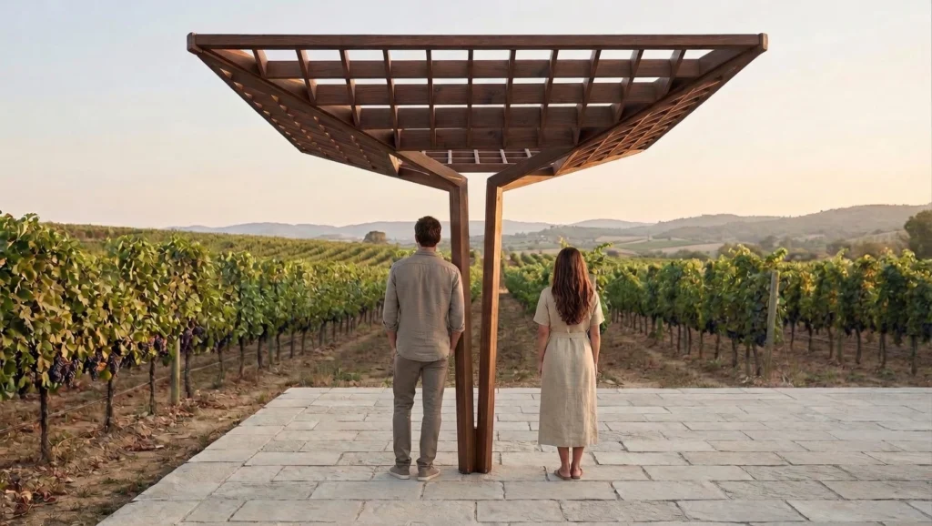 Custom wooden architectural canopy by ALTA LUMA overlooking a vineyard in Portugal at sunset, creating filtered shade above a stone terrace with panoramic countryside views.