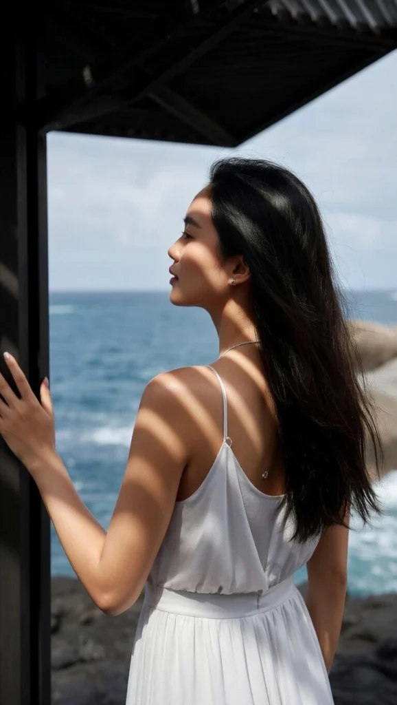 Woman in a white dress standing by the ocean, facing left, resting her hand on a dark structure as sunlight creates shadows on her skin.