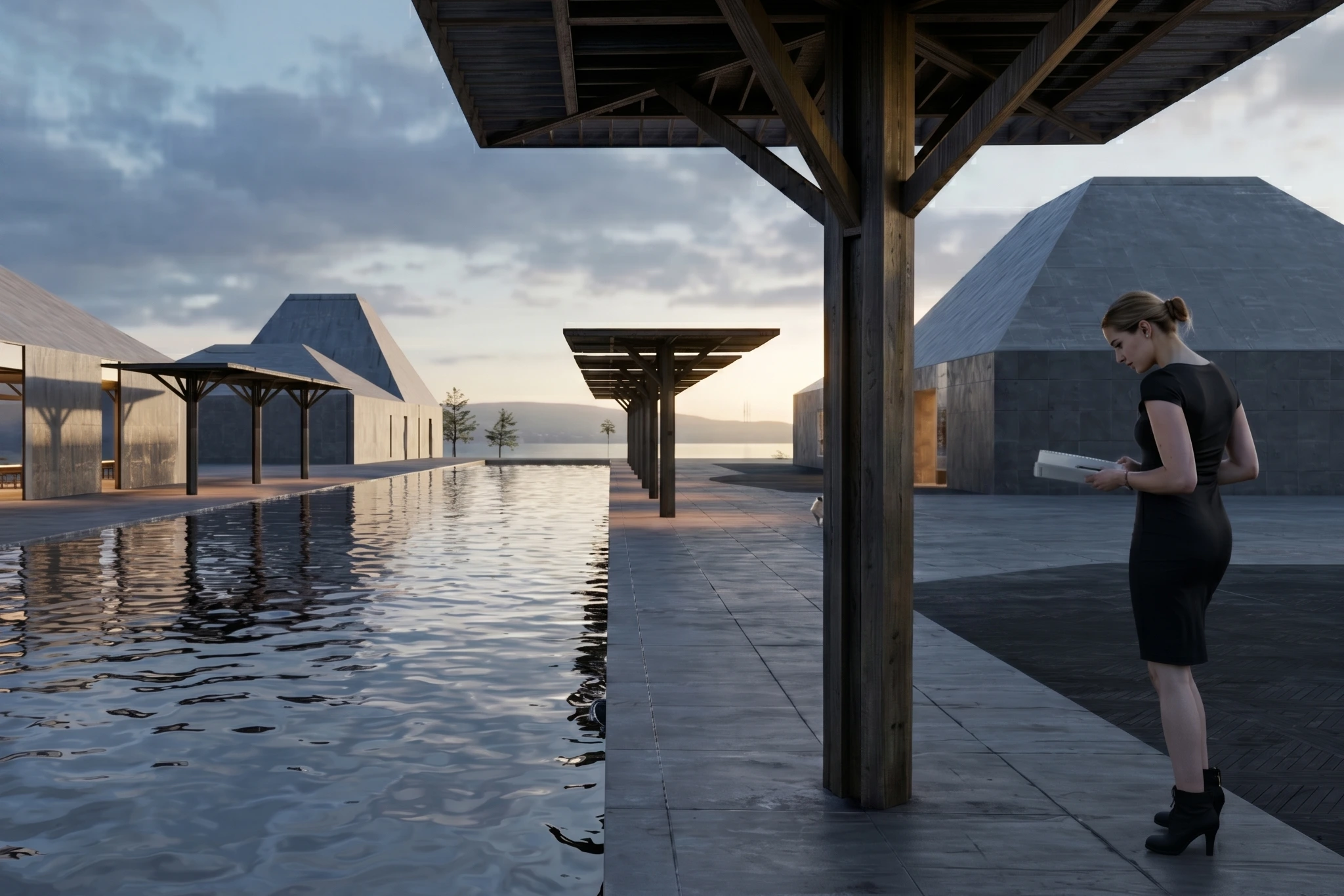 A woman in a black dress stands by a modern stone plaza with wooden columns, holding a notebook near a reflective pool at sunset .