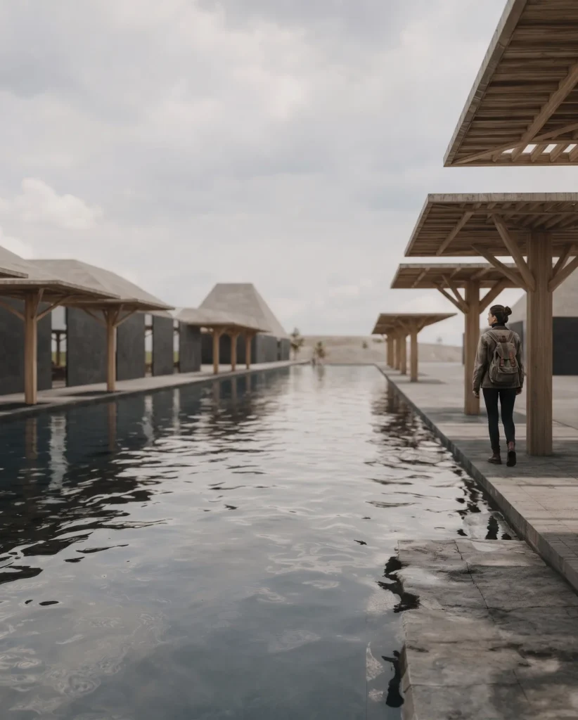 Person with a backpack standing at the edge of a calm pool, lined by wooden pergolas against a cloudy sky.