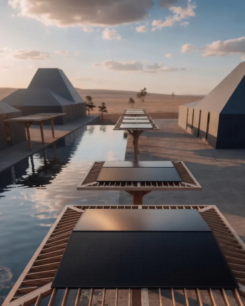 Row of solar panels along a wooden deck beside a narrow pool, with desert pyramidal buildings in the background at sunset.