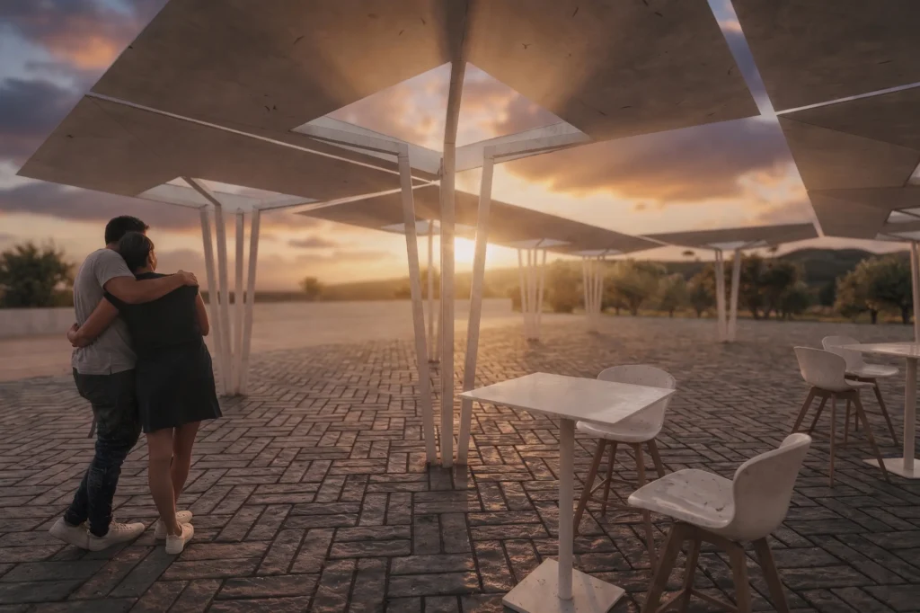 Solar parasols over a paved terrace at sunset