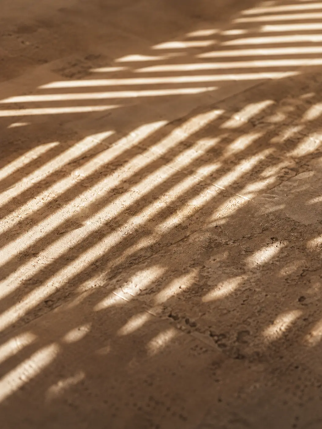 Sunlight creates diagonal striped shadows on a dusty dirt ground.