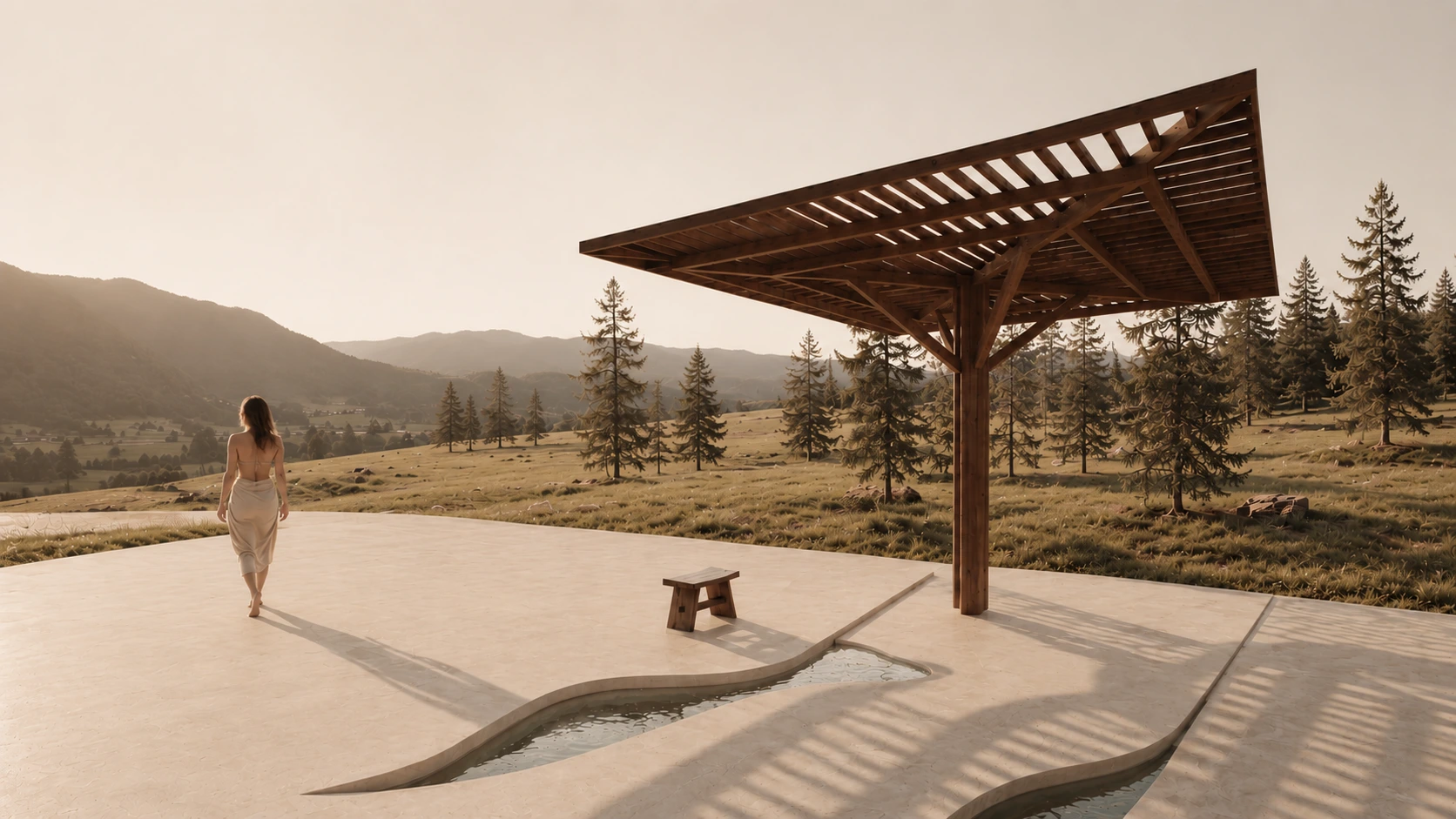 Woman in a white dress walking away on a curved pool deck toward a misty hillside and pine forest at sunset beneath a wooden pergola.