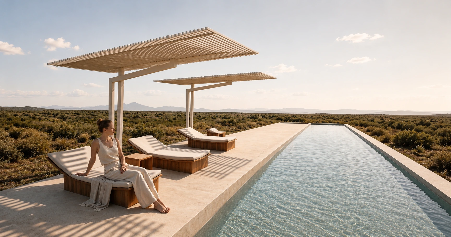 Woman relaxing on a cushioned lounge chair beside a rectangular pool in a desert landscape with scrubby plants far in the distance.