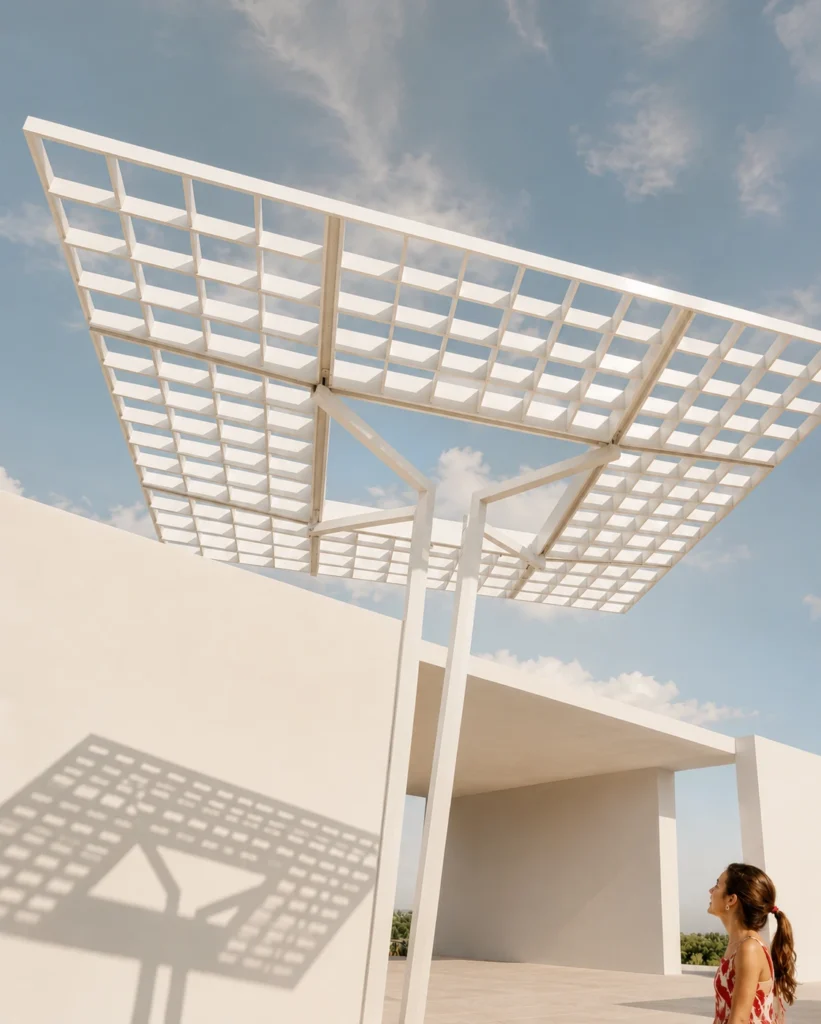 White geometric lattice canopy over an open courtyard with a pale wall; a woman in a red patterned dress stands at the bottom right, looking up at the structure.