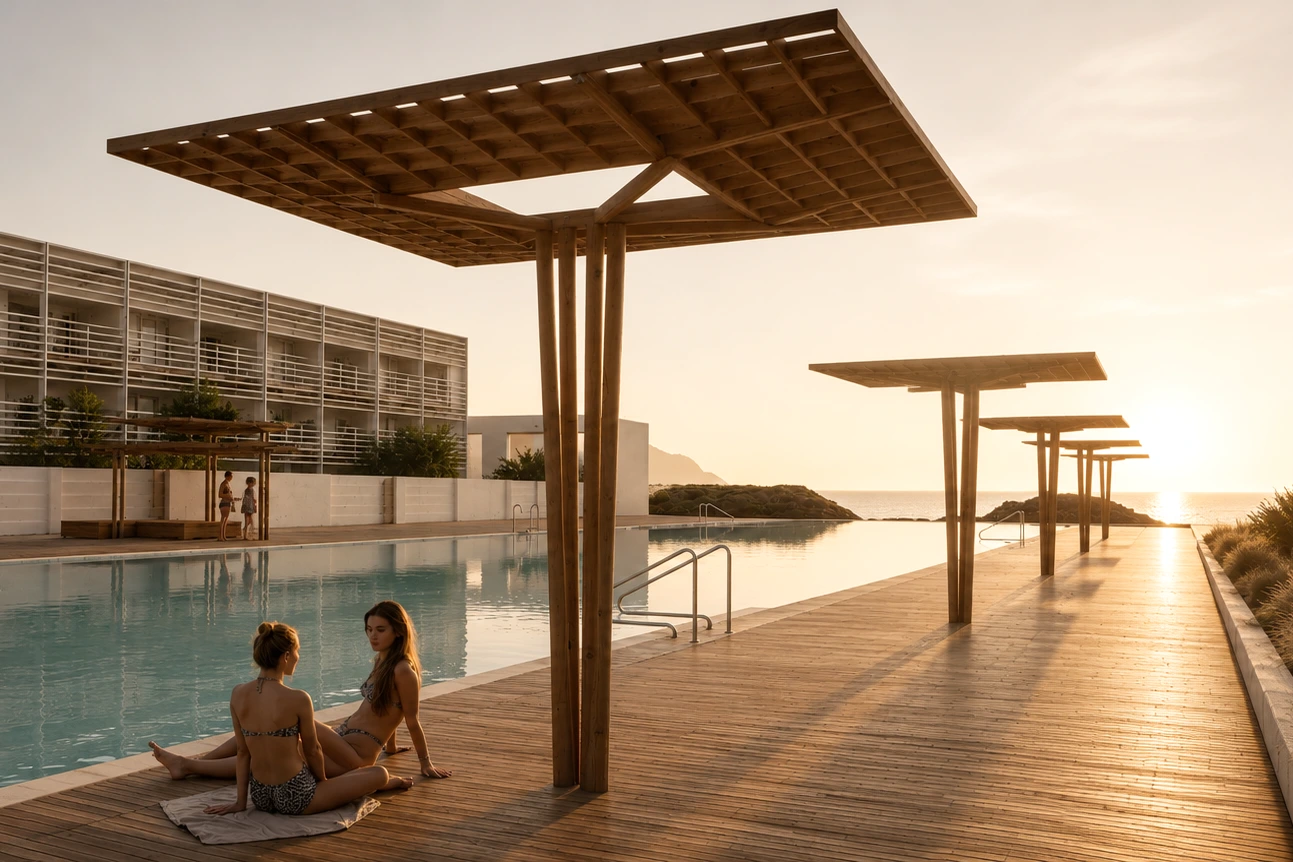 Two women in swimsuits sit on a towel at the edge of a pool on a wooden deck at sunset, with modern buildings in the background and the sea beyond.