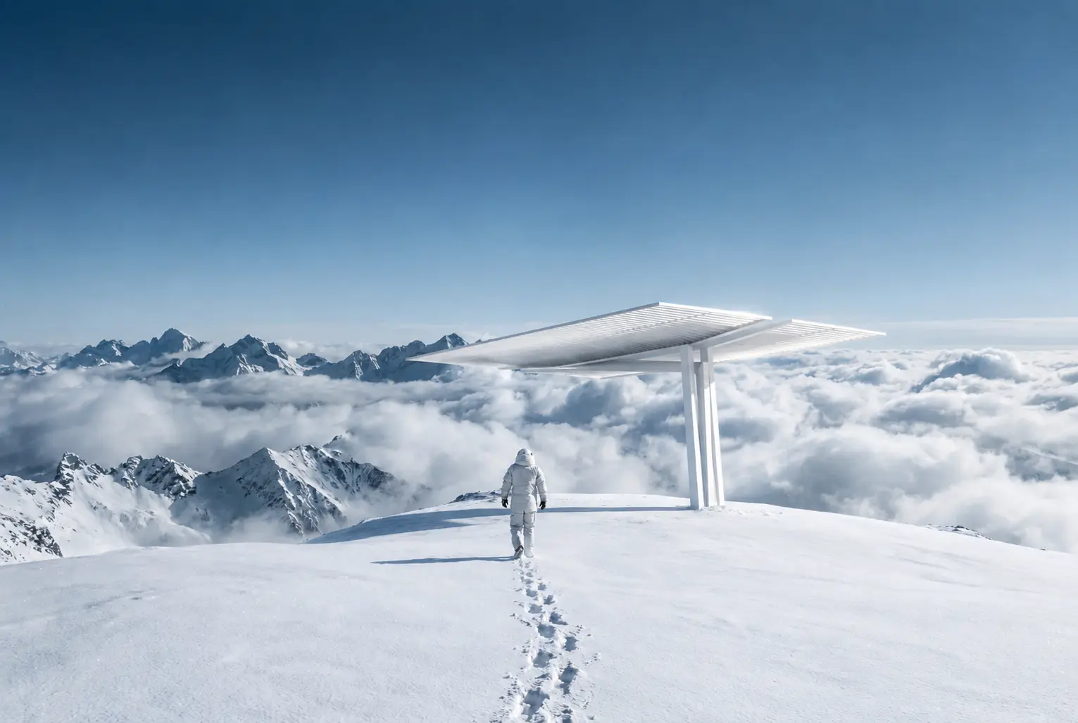 LEXO canopy standing above the clouds on a mountain ridge