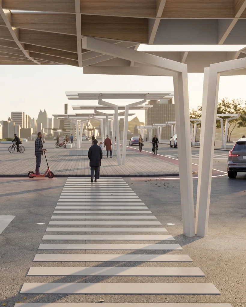 Futuristic urban promenade with white angular supports and a wooden canopy, pedestrians and cyclists along a crosswalk with a city skyline in the distance.