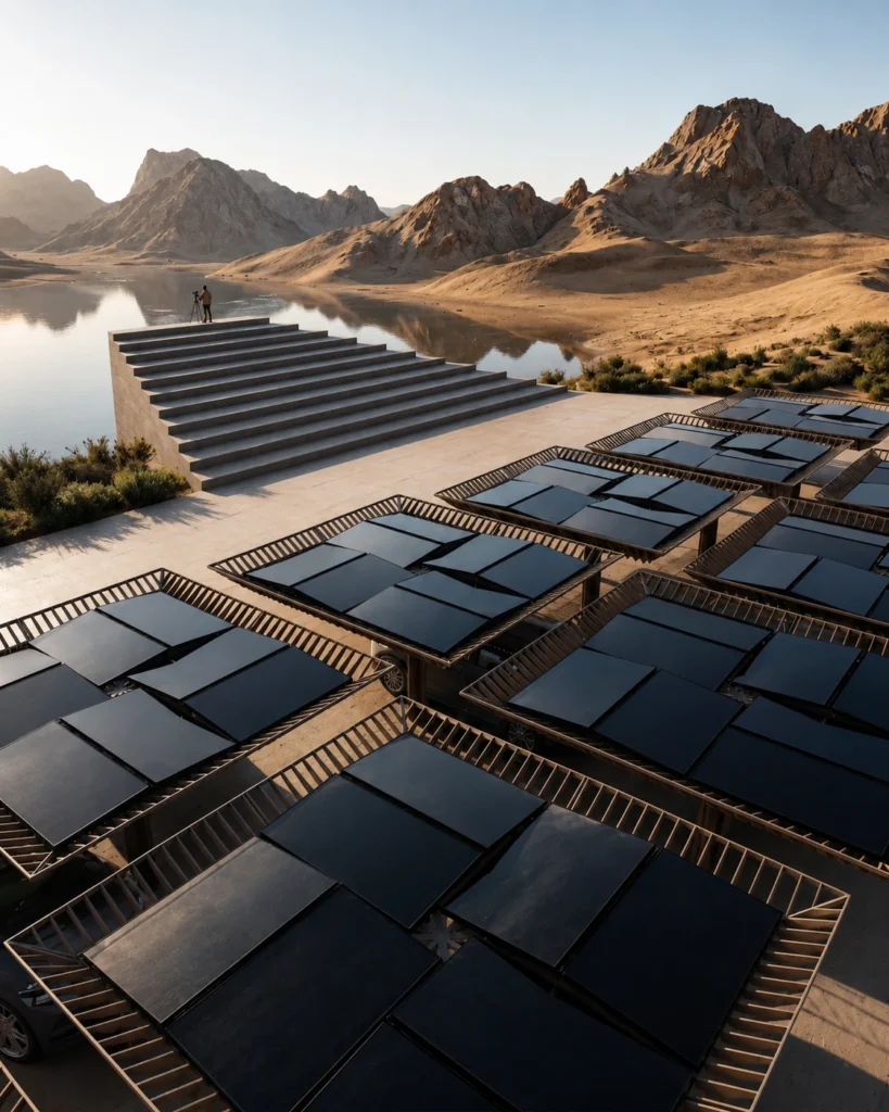 Rows of dark solar panels on a desert site, with terraced steps and rugged mountains in the background; a photographer stands near the water edge.