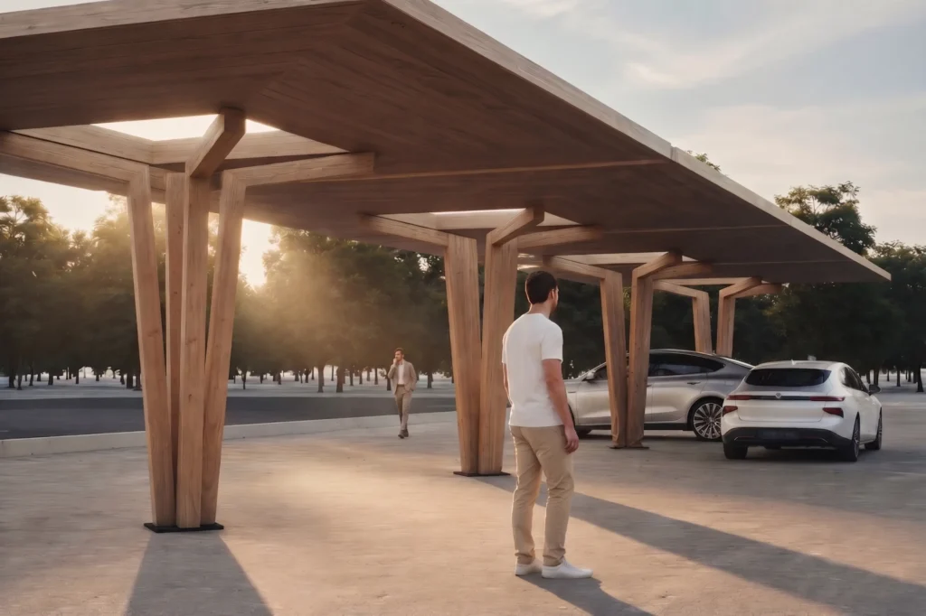Solar carport colonnade in timber, low sun through the bays