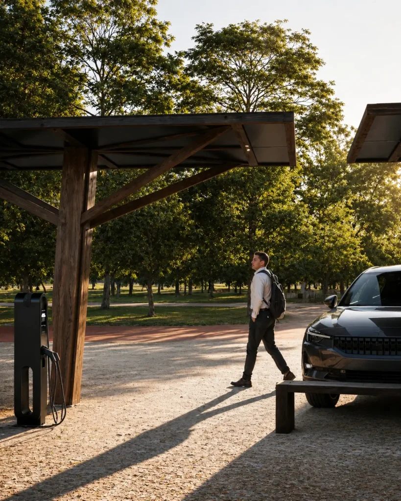 Man with a backpack walks past a parked SUV beside an electric vehicle charger under a wooden shelter in a sunny park path.