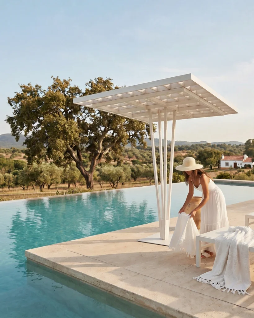 Woman in a white dress and sunhat beside a pool under a white geometric canopy with a rural landscape in the background.