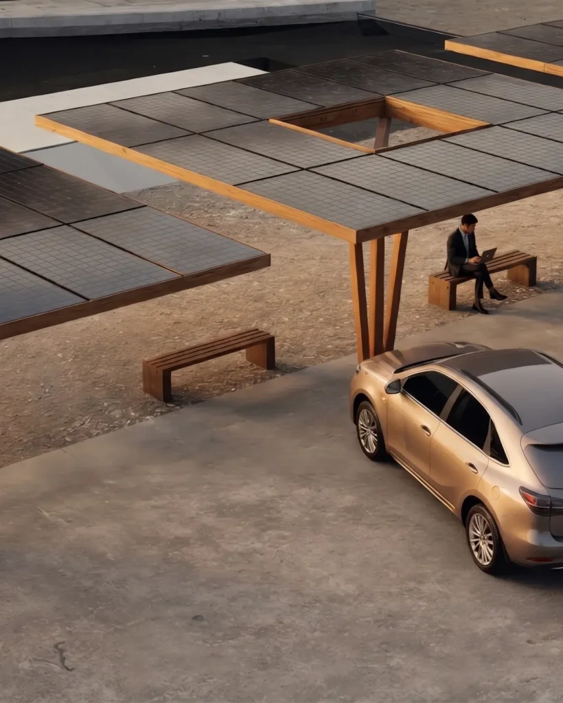 Man in a suit sits on a wooden bench under a solar-panel carport, working on a laptop beside a parked gold car.