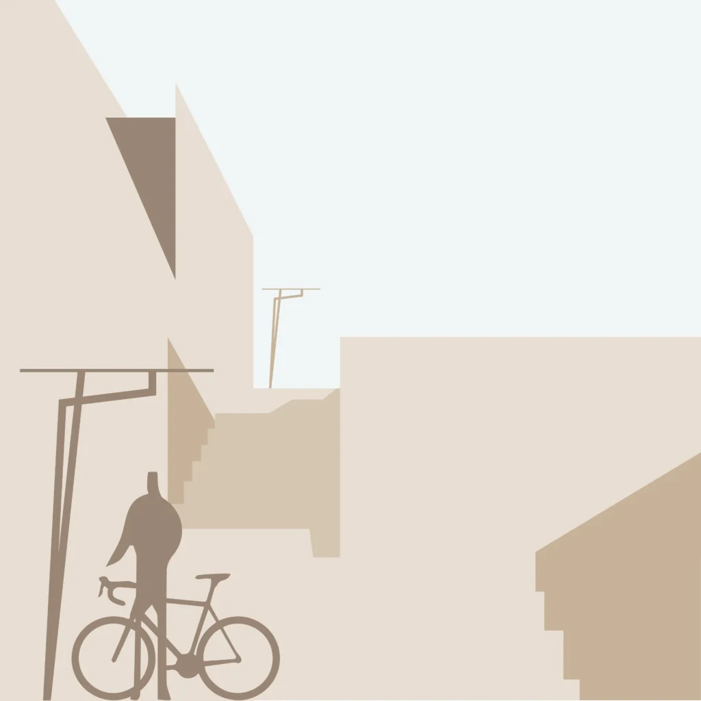 Abstract geometric composition with a brown bicycle outline in the lower-left corner on a pale beige background.