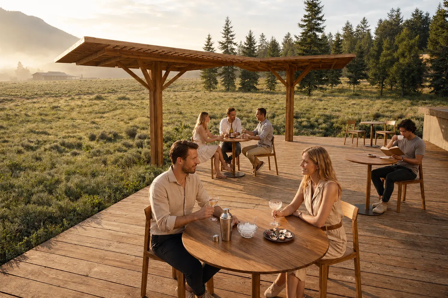 Couples sit at round wooden tables on a spacious deck in a grassy meadow at sunset, sipping drinks and chatting under a wooden pergola.