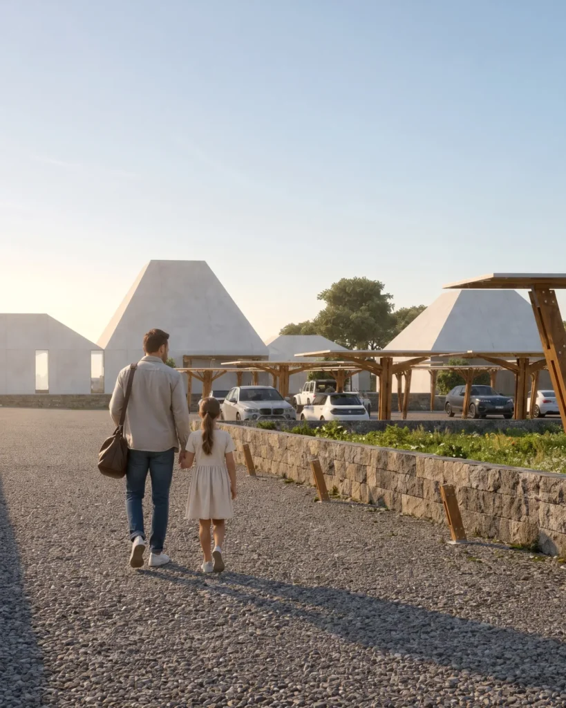 Man and young girl walk hand in hand along a cobblestone path beside white geometric buildings.