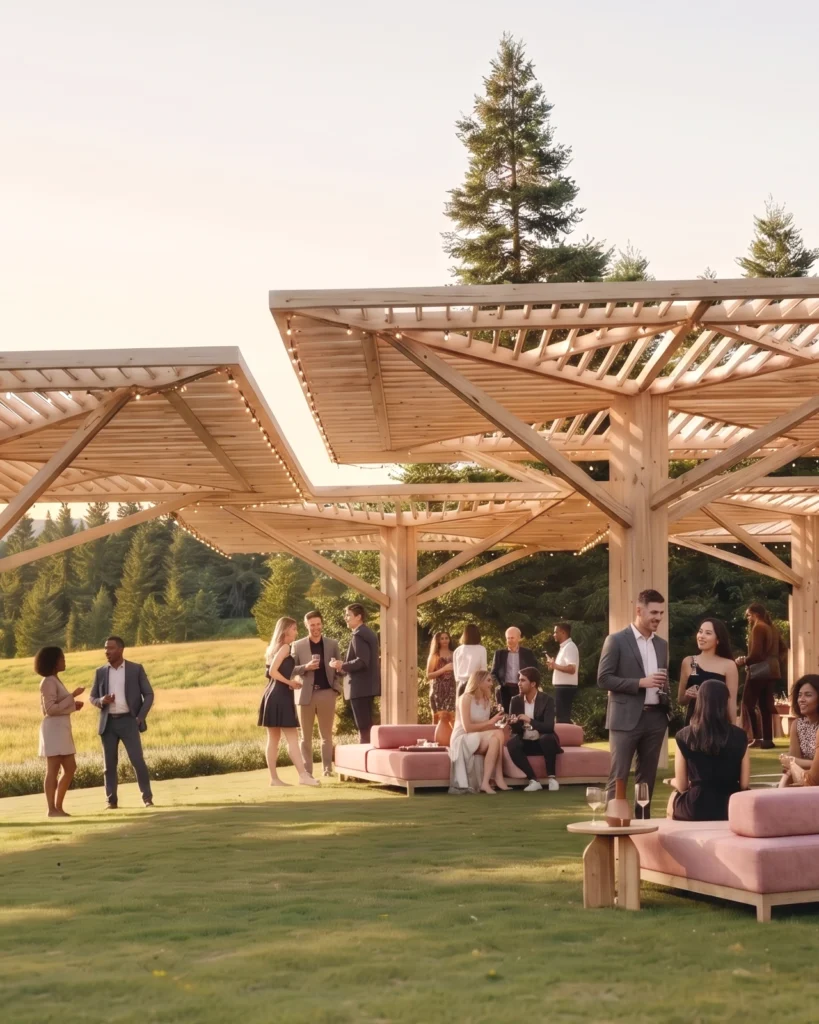 Guests in formal attire mingle under a large wooden pergola with string lights at an outdoor lawn party, with pink seating nearby.
