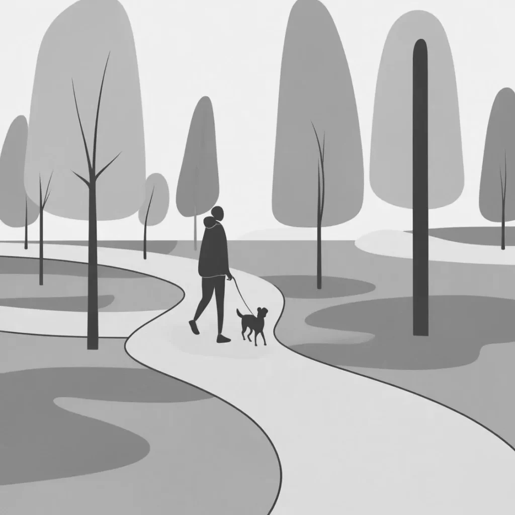 Person walking a small dog on a curved path through a minimalist gray park with stylized trees.