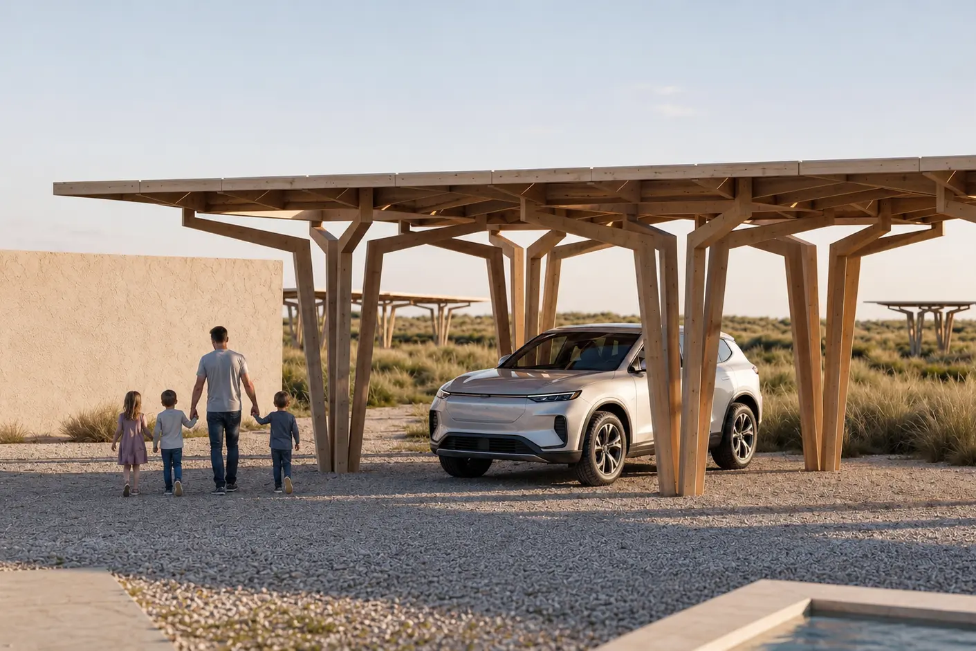 Father and three children walk hand-in-hand toward a beige wall beside a white SUV parked under a wooden canopy in a desert parking area.