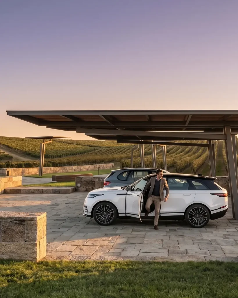 Bespoke Alta Luma Solar Carport made to order for a luxury estate or vineyard, featuring a multi-tiered architectural canopy. A white Range Rover is parked underneath, and a gentleman is exiting the vehicle, illustrating the scale of the permanent, all-season luminous structure at sunset.