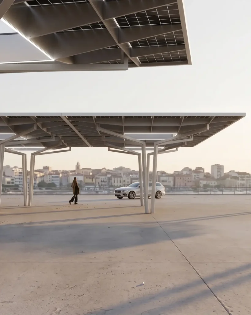 Alta Luma Architectural Solar Carport with integrated solar panels over a silver car, situated in a coastal urban setting at golden hour. The image shows the modern, branching metal support structure and illuminated canopies, highlighting the scale of the permanent installation.