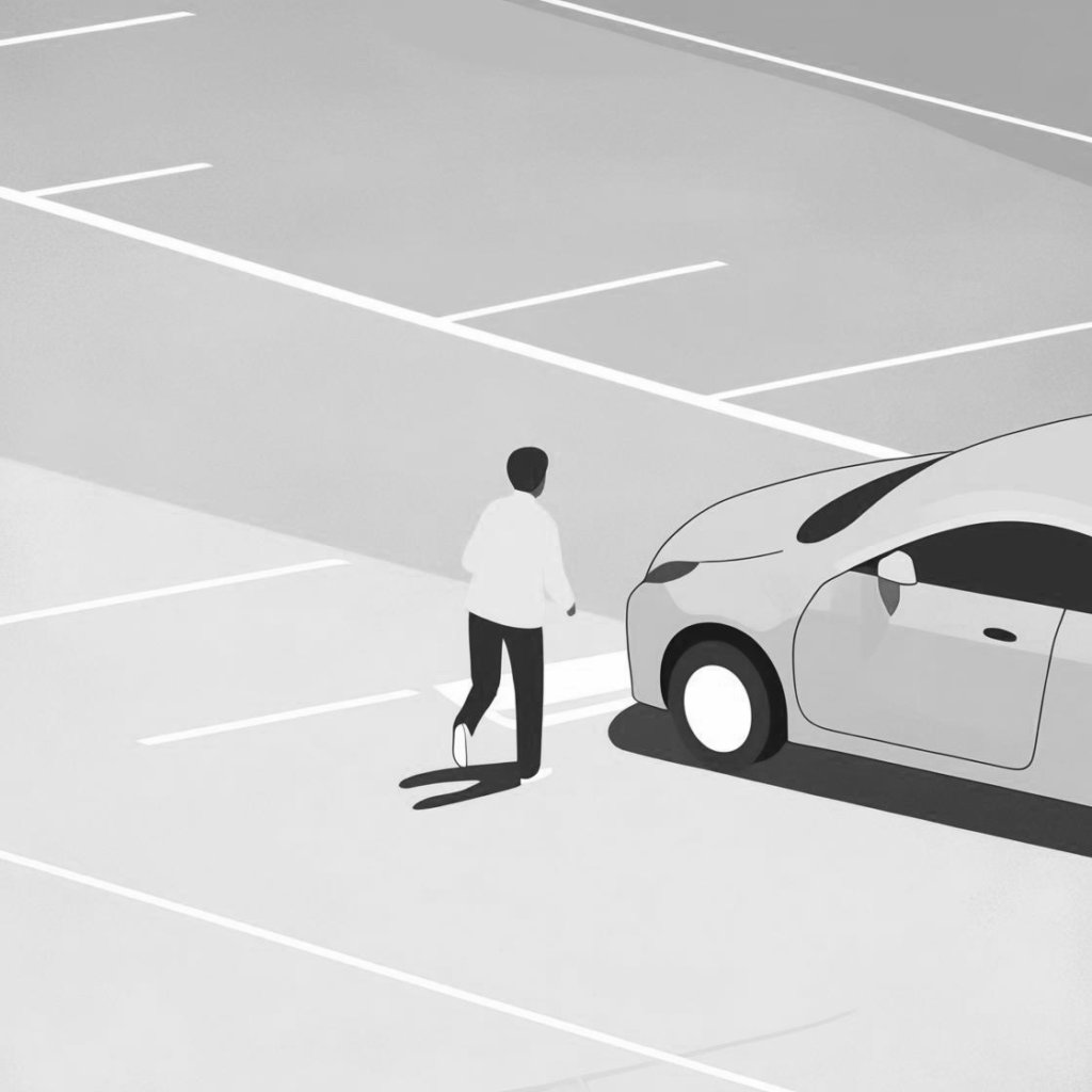 Black and white vector illustration of a person walking toward a vehicle parked in an outdoor parking lot setting.