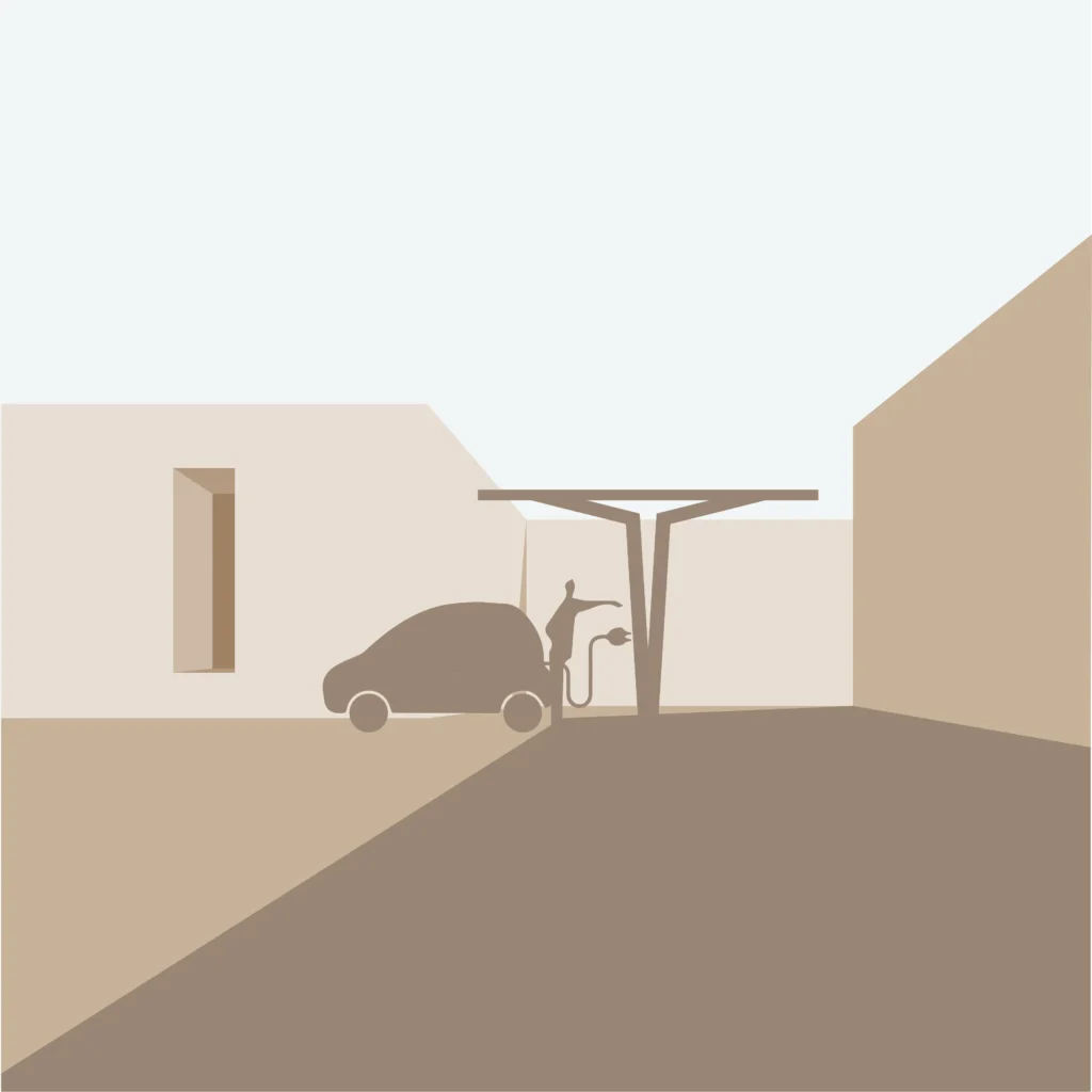 Minimalist architectural vector illustration of an Alta Luma solar carport shade structure with integrated EV charging station.