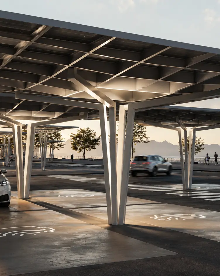 Alta Luma architectural solar carport structures at dusk, featuring geometric white support columns with integrated lighting over active EV charging bays.
