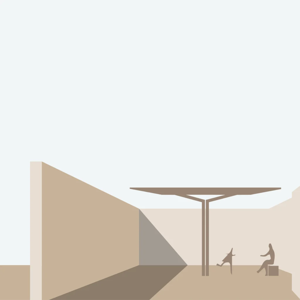 Abstract geometric scene of beige buildings with long diagonal shadows and two small figures on the right.