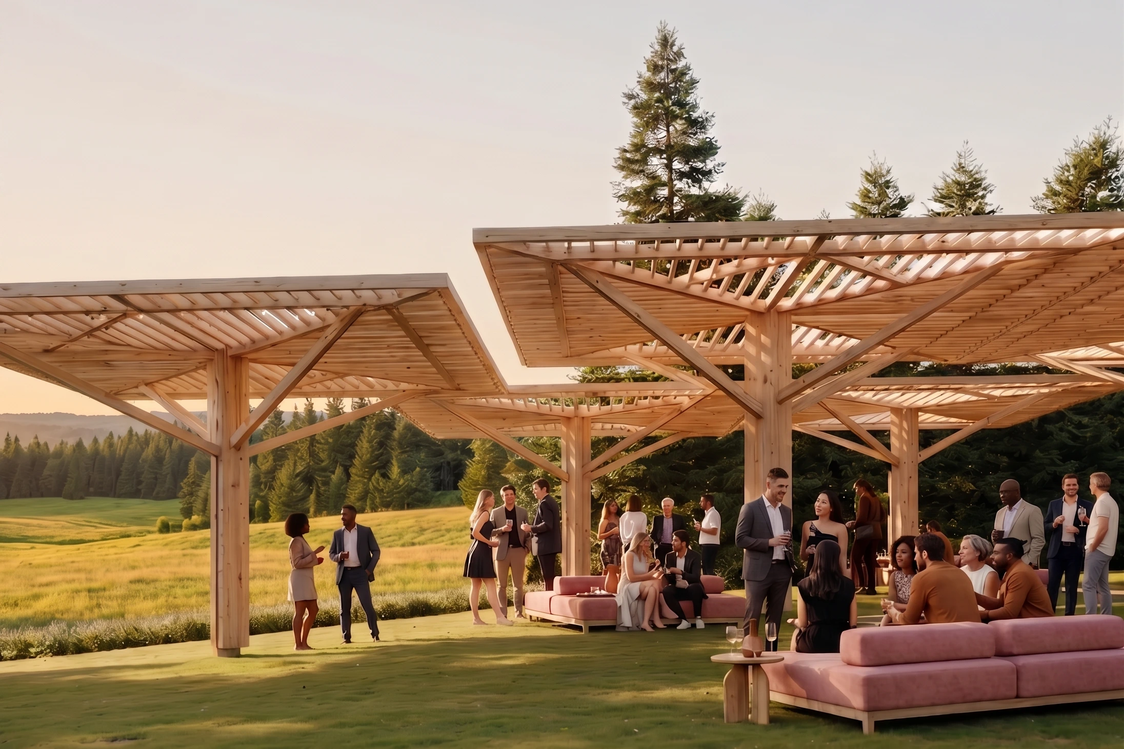 Group of guests in formal attire mingling under a wooden pergola on a grassy lawn at sunset.