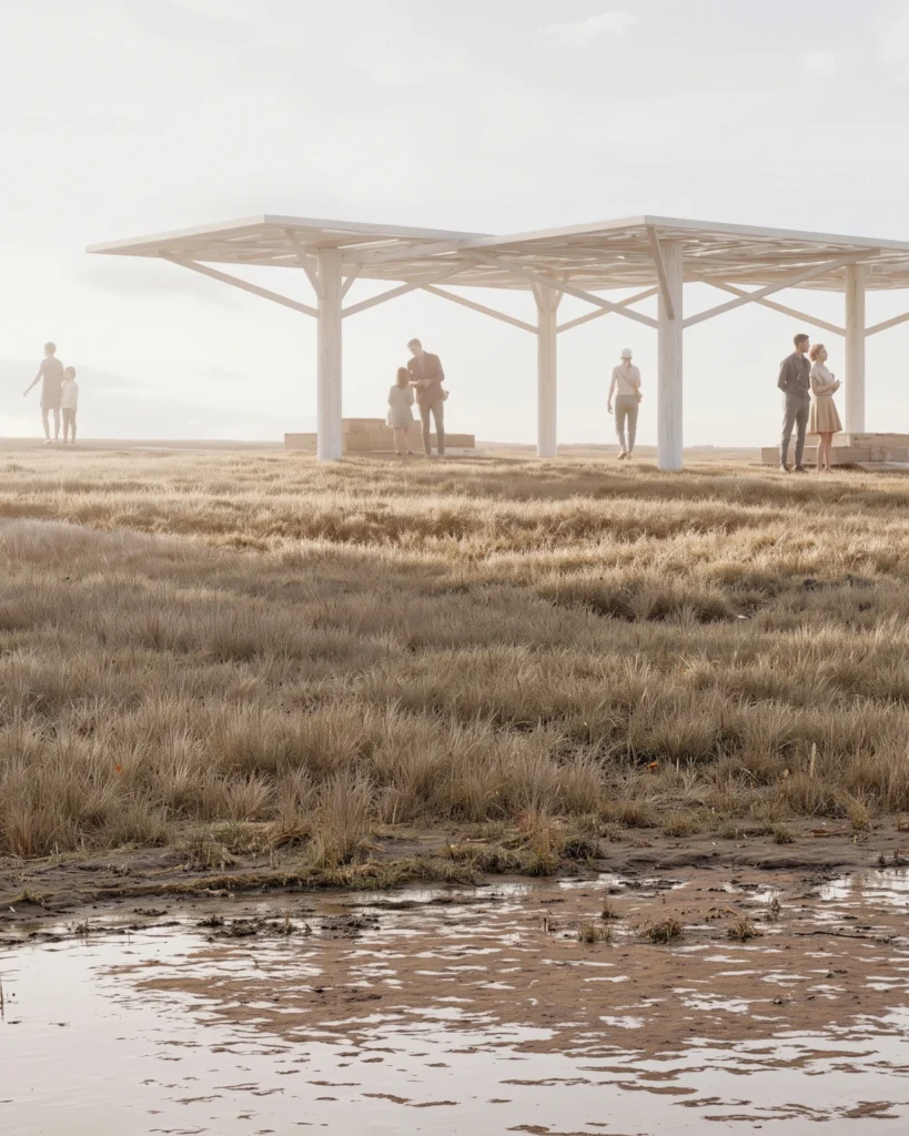 Open field with a white wooden shelter and several people standing in small groups nearby.