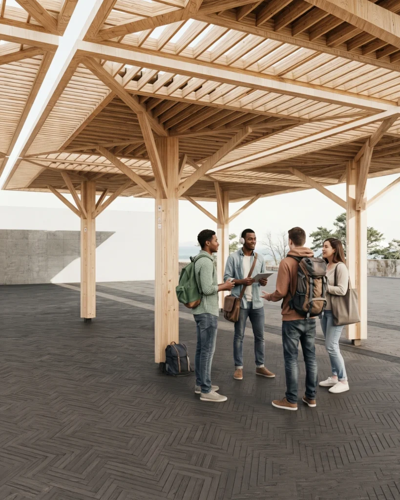 Group of students with backpacks chatting under a wooden pergola structure outdoors.