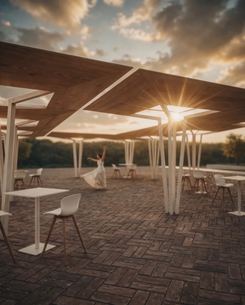 Outdoor seating area with white tables and chairs under angular wooden canopies at sunset