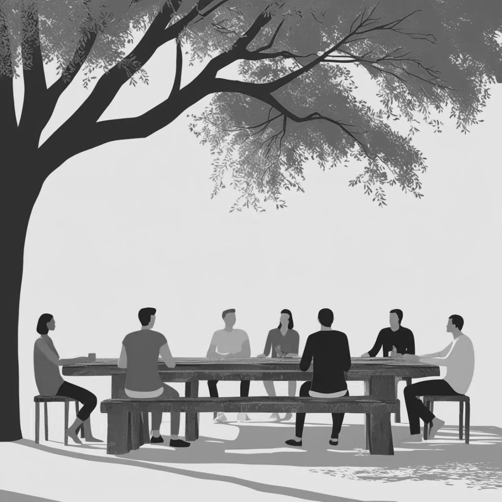 People seated around a large wooden picnic table under a tree in an outdoor setting, grayscale illustration.