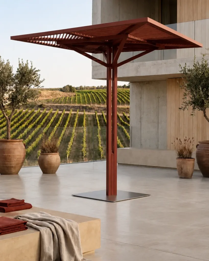 Red metal patio canopy on a terrace overlooking a vineyard, with large potted trees and blankets on a stone bench nearby.