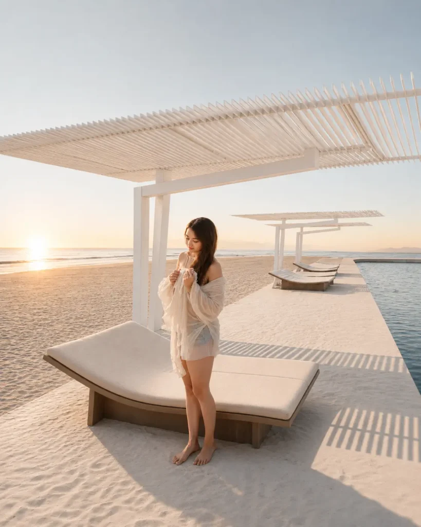 Woman standing barefoot on sandy beach at sunset beside a curved pool lounge under white wooden slatted shade structures.