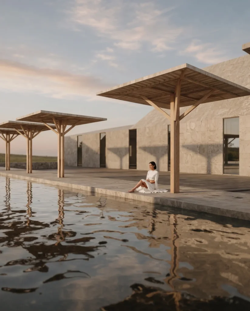 Woman in a white dress sits at the edge of a reflecting pool beside a modern stone building with wooden shade structures in the background.