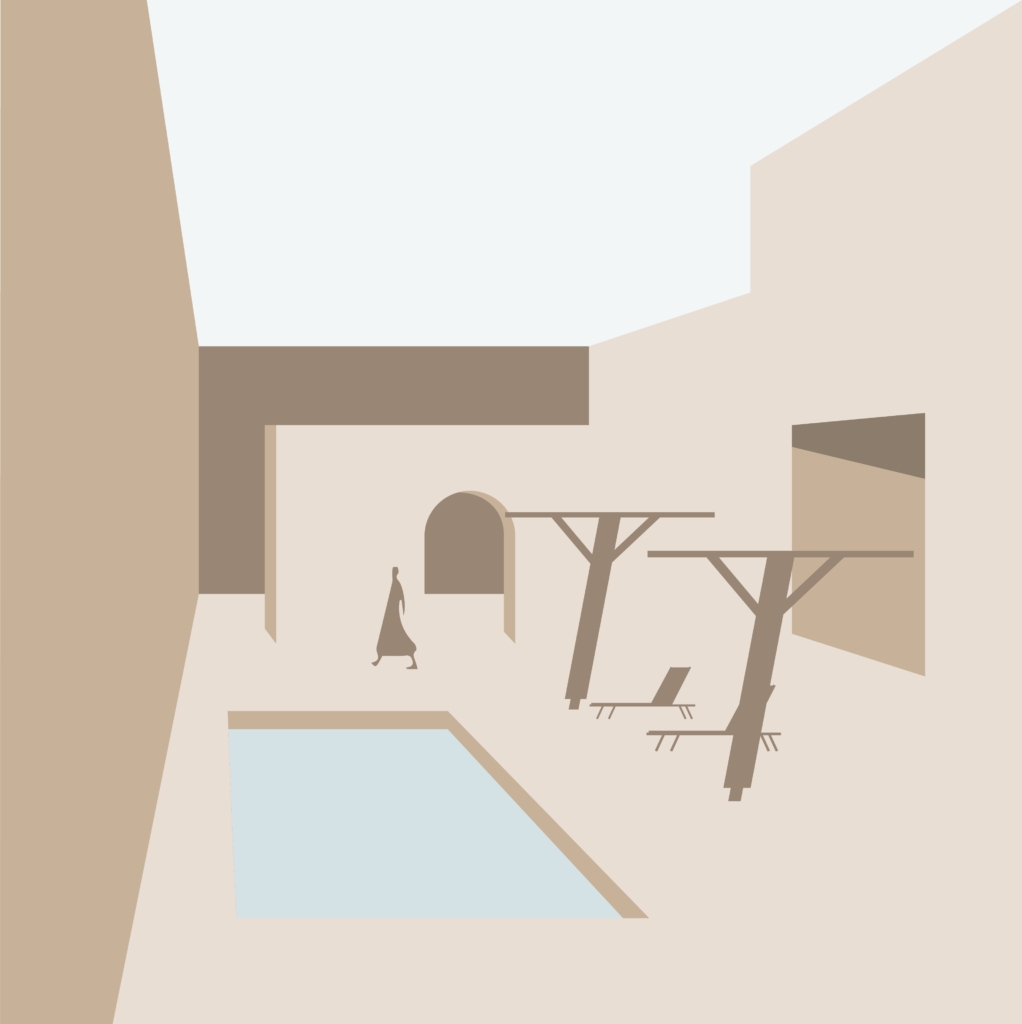 Abstract geometric illustration of a modern interior with vertical beige walls, a pale blue floor, and scattered furniture silhouettes including chairs and a table edge.