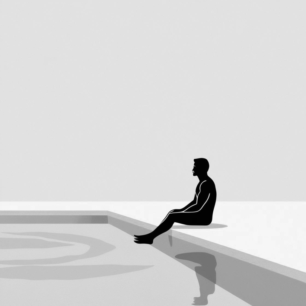 Silhouette of a man sitting on the edge of a pool with his feet in the water, in grayscale.