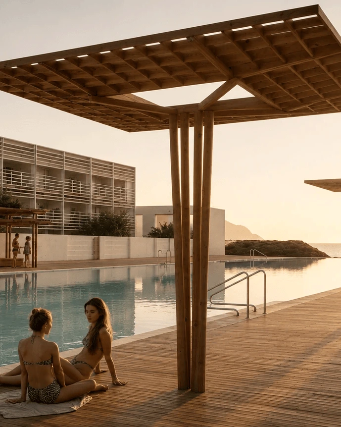 Two women in bikinis sit on a wooden pool deck under a large wooden pergola at sunset, with a modern building and calm sea in the background.