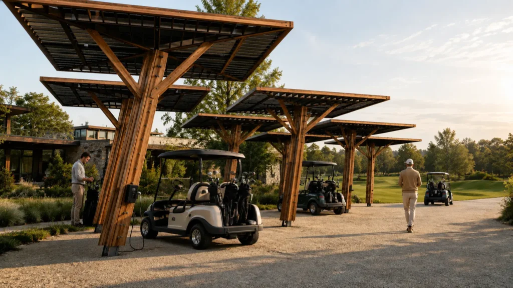 Wooden solar-panel carports shade multiple golf carts at a sunny golf club, with a man walking toward the carts and trees in the background.